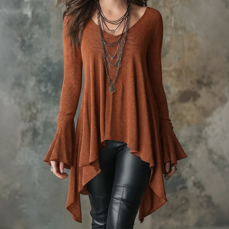 Women's V Neck Asymmetrical Hem Bell Sleeve Top
