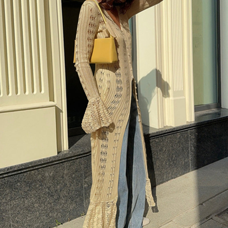 Women's Flare Sleeve Crochet Knit Maxi Cardigan