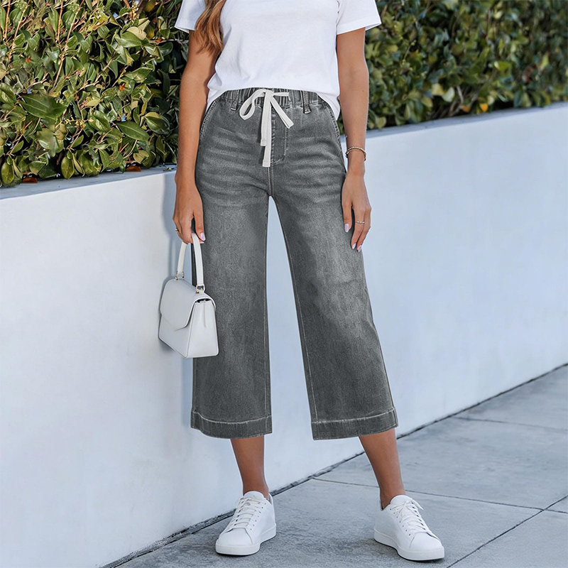 Women's Elastic Waist Drawstring Cropped Jeans