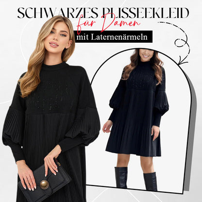 🎅🎁Weihnachts-Sonderangebote💝✨Elegantes Schwarzes Plisseekleid für Damen mit Laternenärmeln