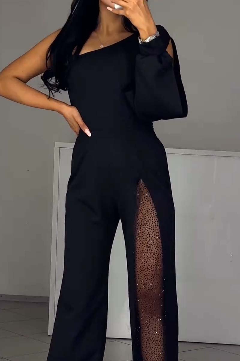 Modischer und sexy Damen-Jumpsuit mit schrägen Schultern und hohem Schlitz