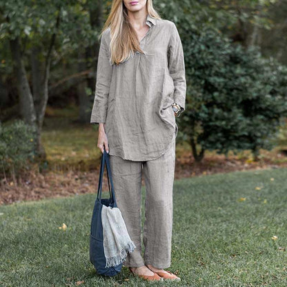 Women’s Elegant Vintage Cotton and Linen 2-piece Set with Long-sleeve Blouse and Pants