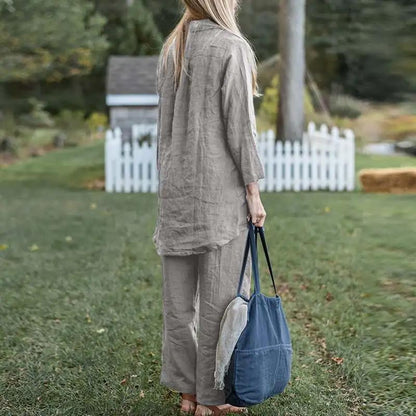 Women’s Elegant Vintage Cotton and Linen 2-piece Set with Long-sleeve Blouse and Pants