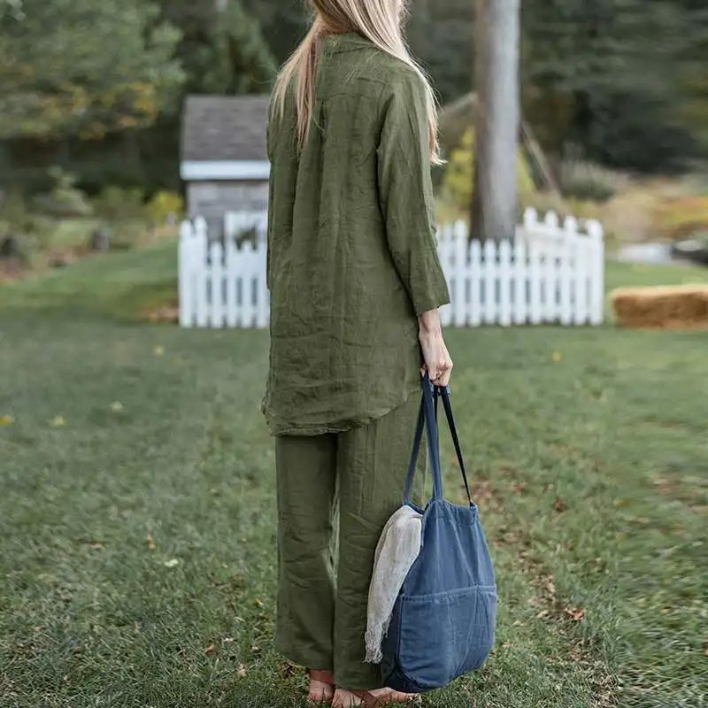 Women’s Elegant Vintage Cotton and Linen 2-piece Set with Long-sleeve Blouse and Pants