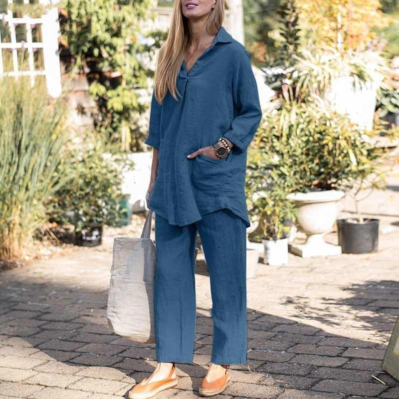 Women’s Elegant Vintage Cotton and Linen 2-piece Set with Long-sleeve Blouse and Pants