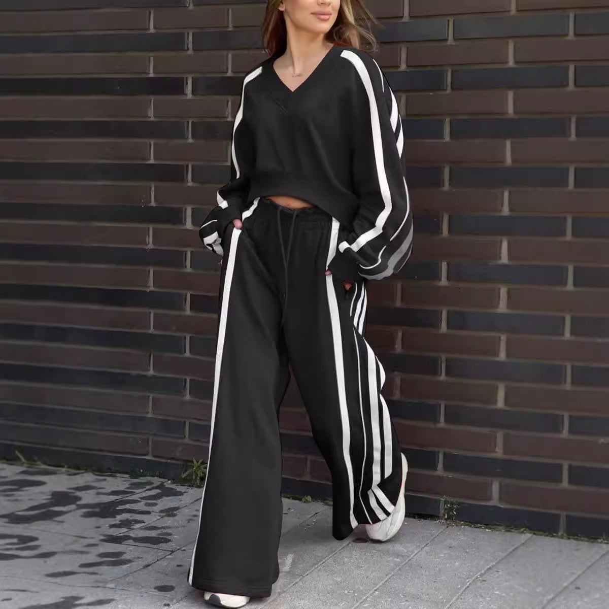 🥰 Begrenzter Angebotspreis 🥰V-Neck Sweatshirt & Wide-Leg Pants 2-teiliges Set