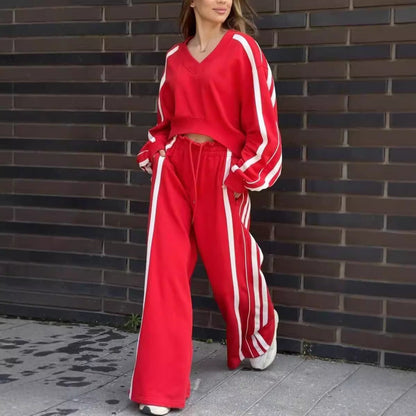 🥰 Begrenzter Angebotspreis 🥰V-Neck Sweatshirt & Wide-Leg Pants 2-teiliges Set