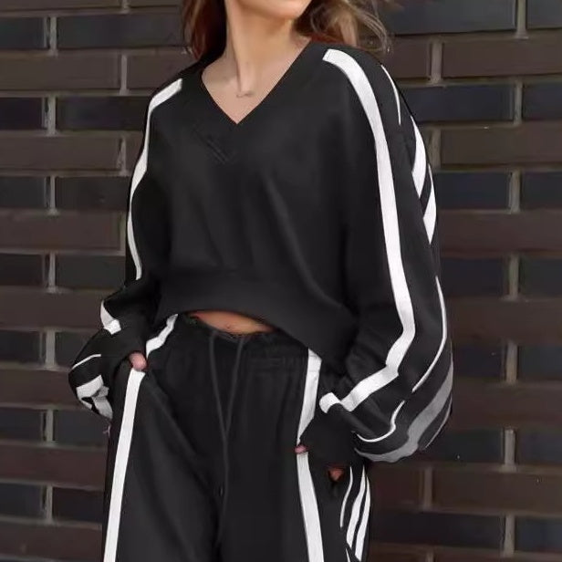 🥰 Begrenzter Angebotspreis 🥰V-Neck Sweatshirt & Wide-Leg Pants 2-teiliges Set