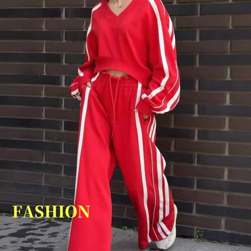 🥰 Begrenzter Angebotspreis 🥰V-Neck Sweatshirt & Wide-Leg Pants 2-teiliges Set