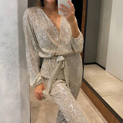 Glitzernde Damen Jumpsuits mit V-Ausschnitt und Gürtel