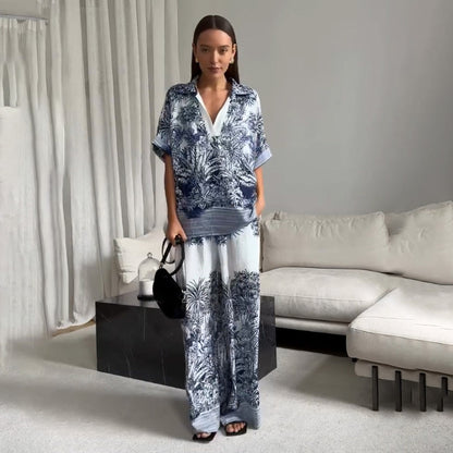 Blue Printed Lightweight Set V-Neck Top & Pants