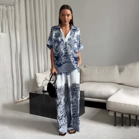 Blue Printed Lightweight Set V-Neck Top & Pants