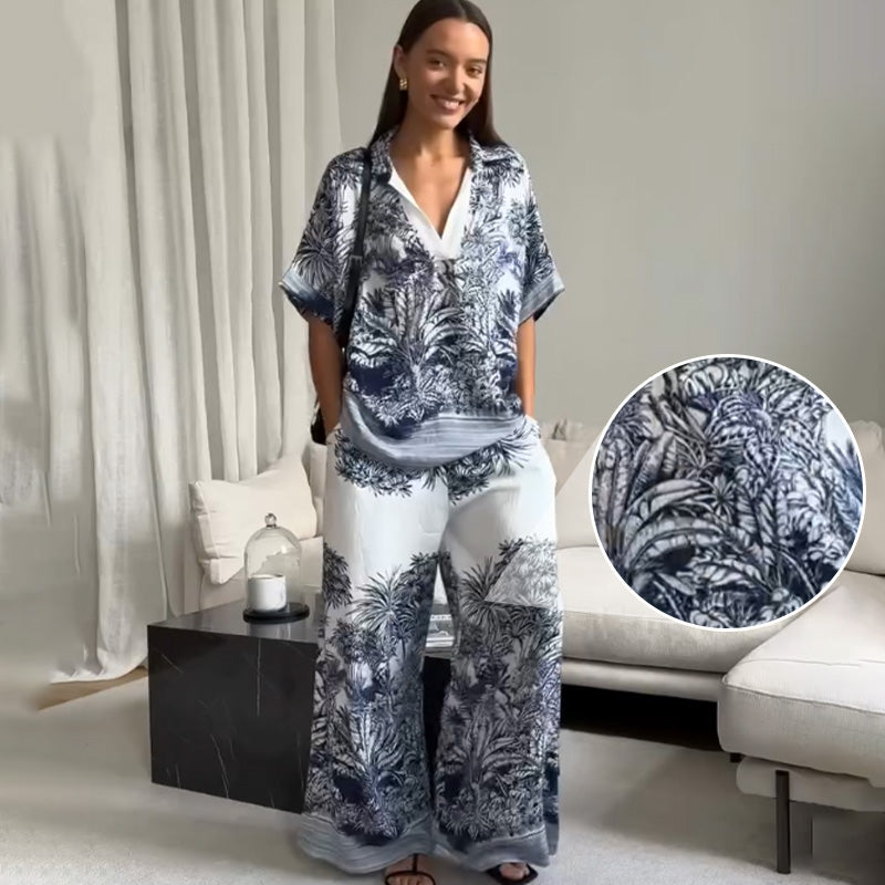 Blue Printed Lightweight Set V-Neck Top & Pants