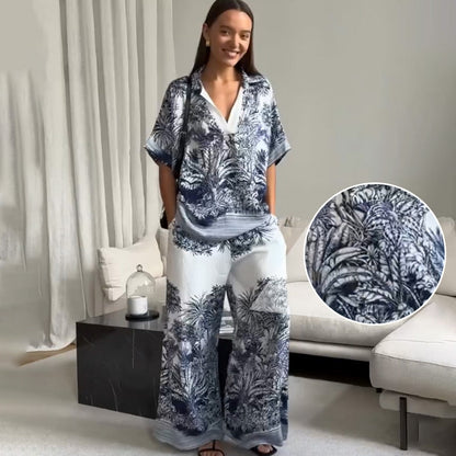 Blue Printed Lightweight Set V-Neck Top & Pants