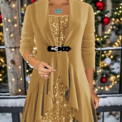 Elegant Sequins Patchwork Waist-Cinching Dress
