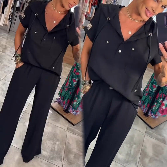 Hooded V-Neck Short-Sleeve Tops ＆ Pants Two-Piece Set