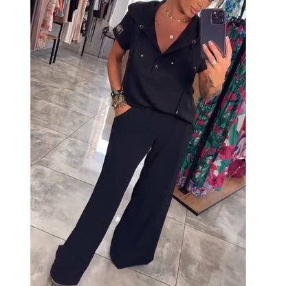 Hooded V-Neck Short-Sleeve Tops ＆ Pants Two-Piece Set