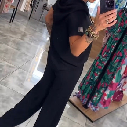 Hooded V-Neck Short-Sleeve Tops ＆ Pants Two-Piece Set