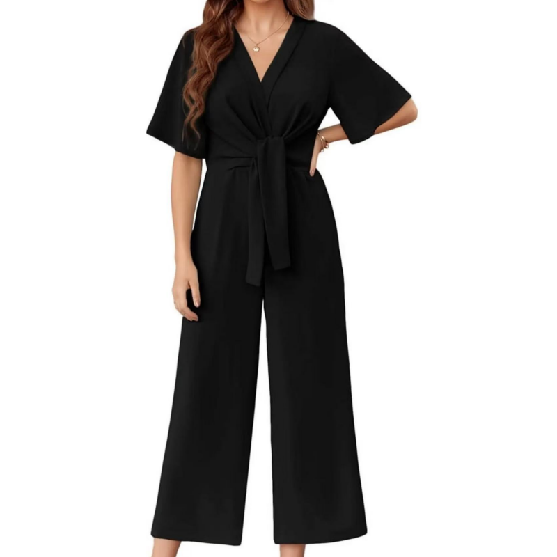Women's Elegant V-Neck Wide Leg Waist Tie Jumpsuit