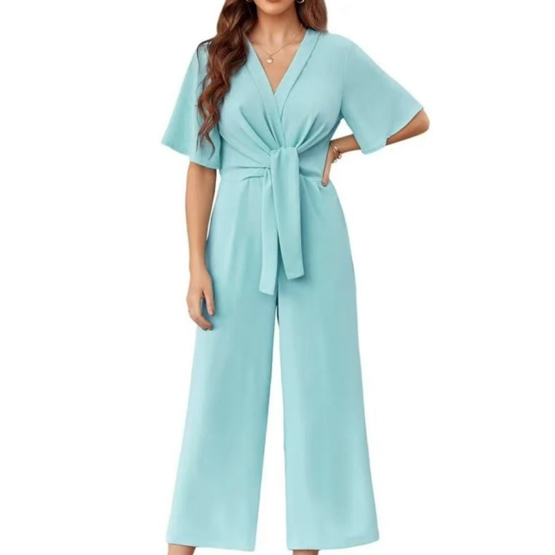 Women's Elegant V-Neck Wide Leg Waist Tie Jumpsuit