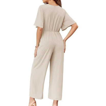 Women's Elegant V-Neck Wide Leg Waist Tie Jumpsuit