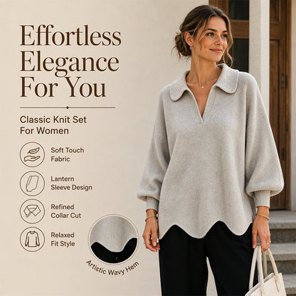 Women's Elegant V-Neck Sweater with Lantern Sleeves