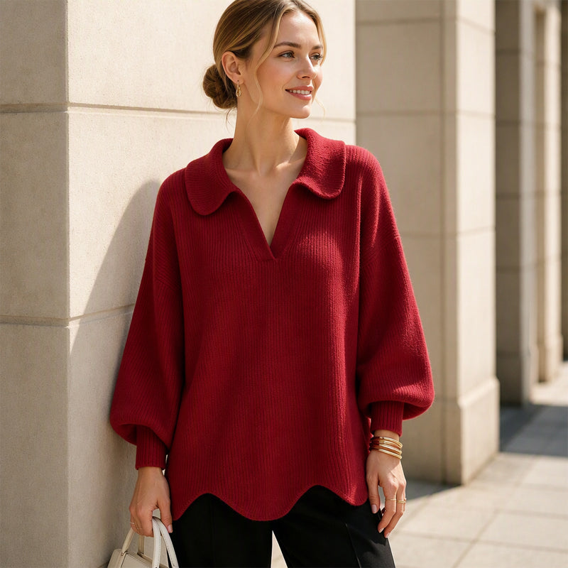 Women's Elegant V-Neck Sweater with Lantern Sleeves
