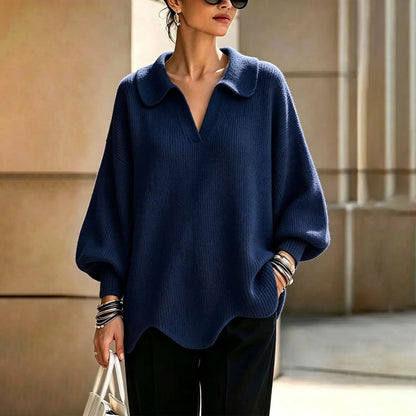 Women's Elegant V-Neck Sweater with Lantern Sleeves