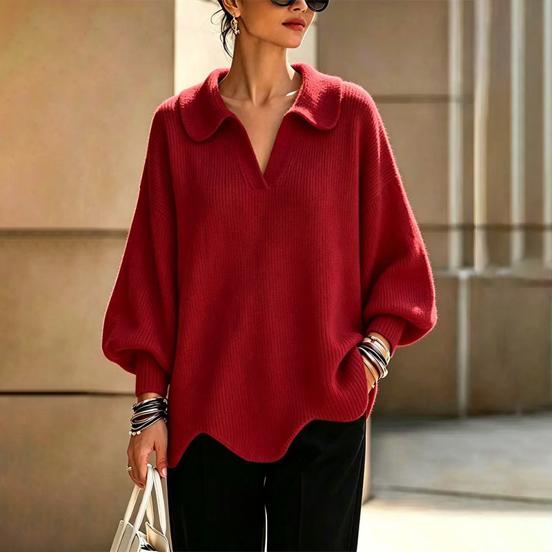 Women's Elegant V-Neck Sweater with Lantern Sleeves