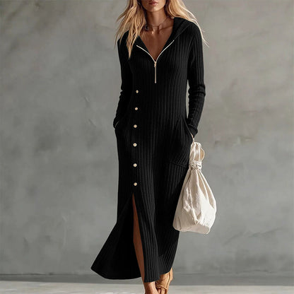 Women's Casual Ribbed Knit Hooded Maxi Dress