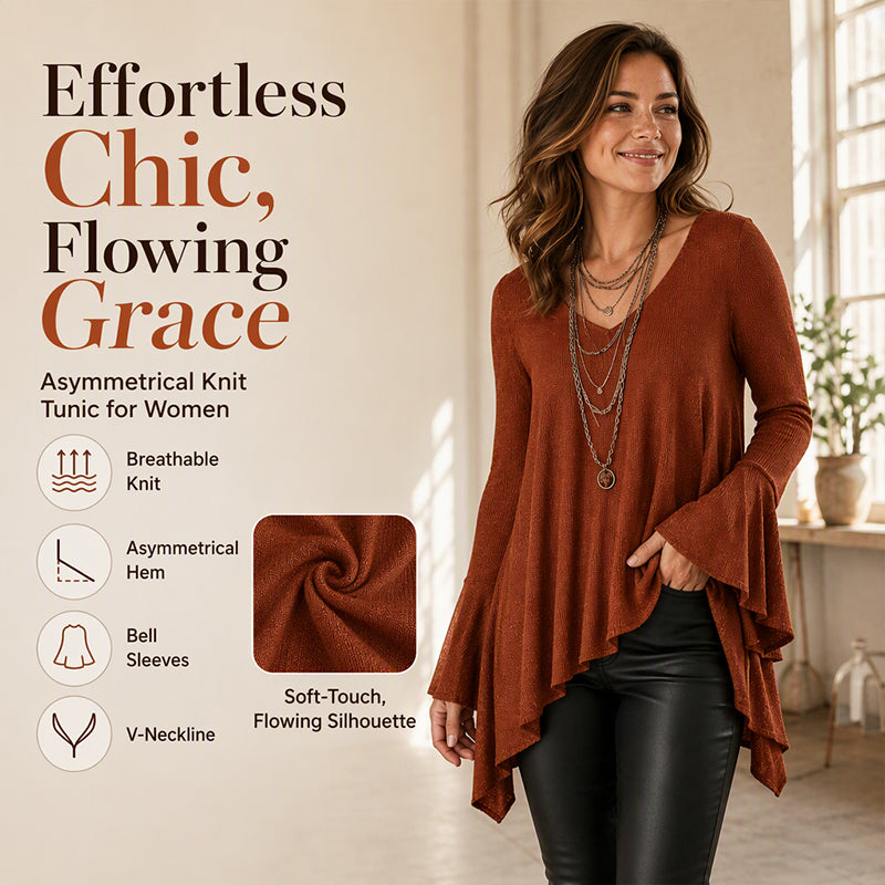 Women's V Neck Asymmetrical Hem Bell Sleeve Top