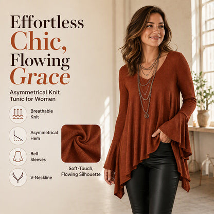 Women's V Neck Asymmetrical Hem Bell Sleeve Top
