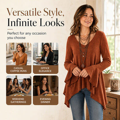 Women's V Neck Asymmetrical Hem Bell Sleeve Top