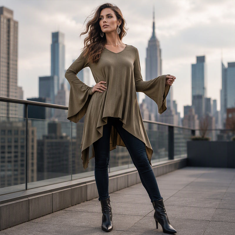 Women's V Neck Asymmetrical Hem Bell Sleeve Top