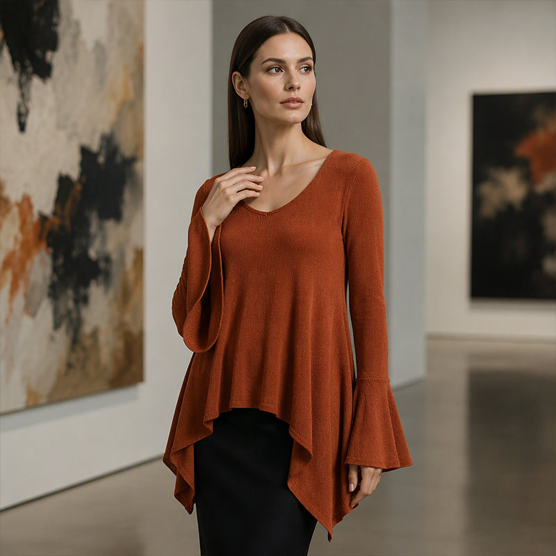 Women's V Neck Asymmetrical Hem Bell Sleeve Top
