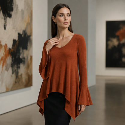 Women's V Neck Asymmetrical Hem Bell Sleeve Top