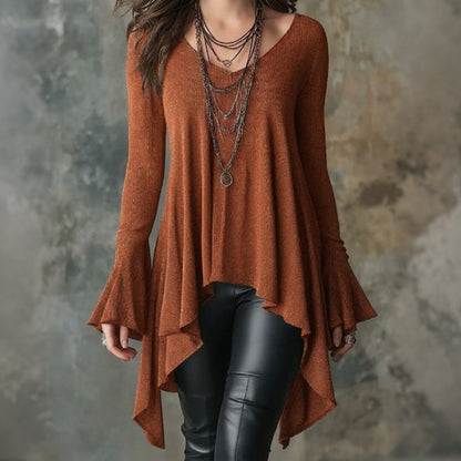Women's V Neck Asymmetrical Hem Bell Sleeve Top