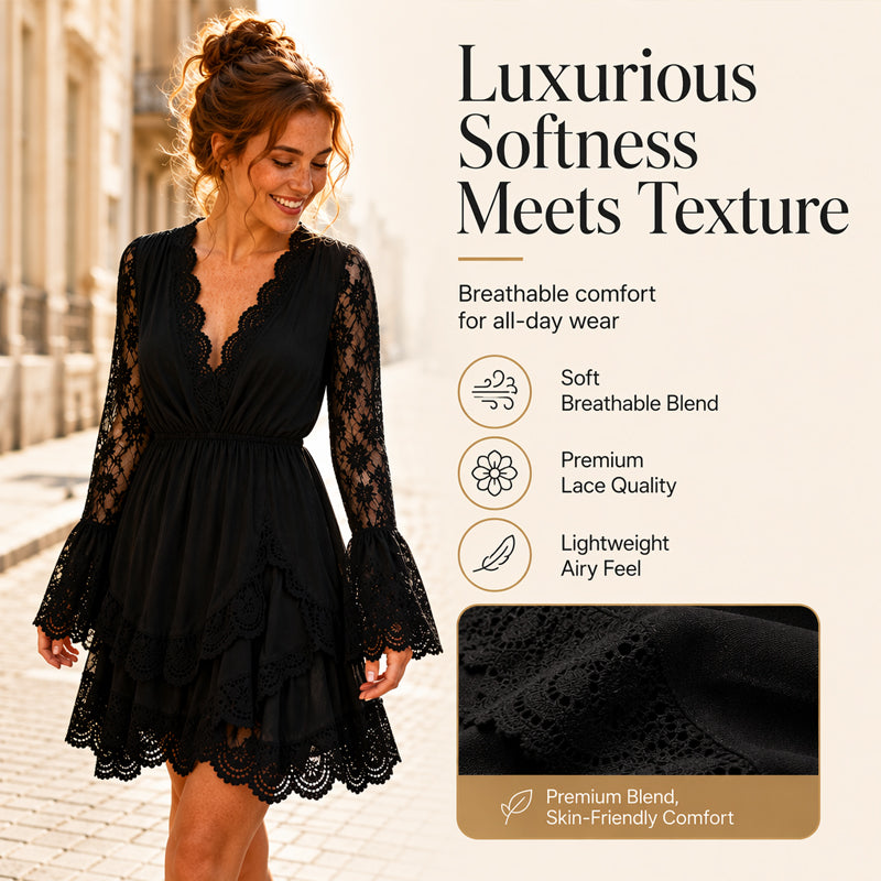 Women's Chic V-Neck Lace Trim Mini Dress