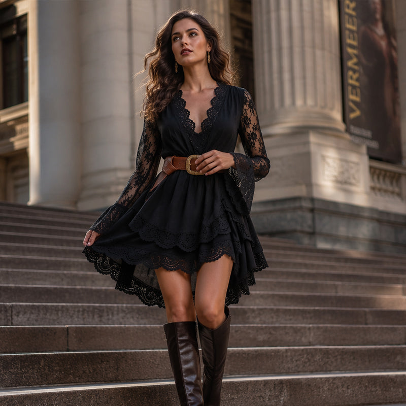 Women's Chic V-Neck Lace Trim Mini Dress