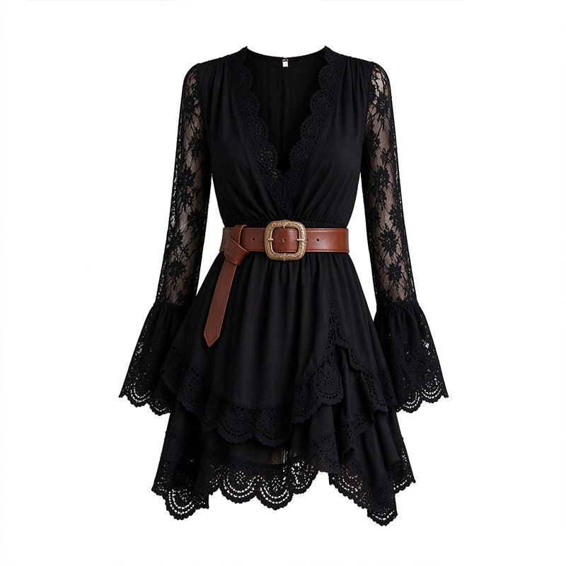 Women's Chic V-Neck Lace Trim Mini Dress