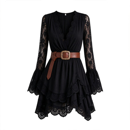 Women's Chic V-Neck Lace Trim Mini Dress