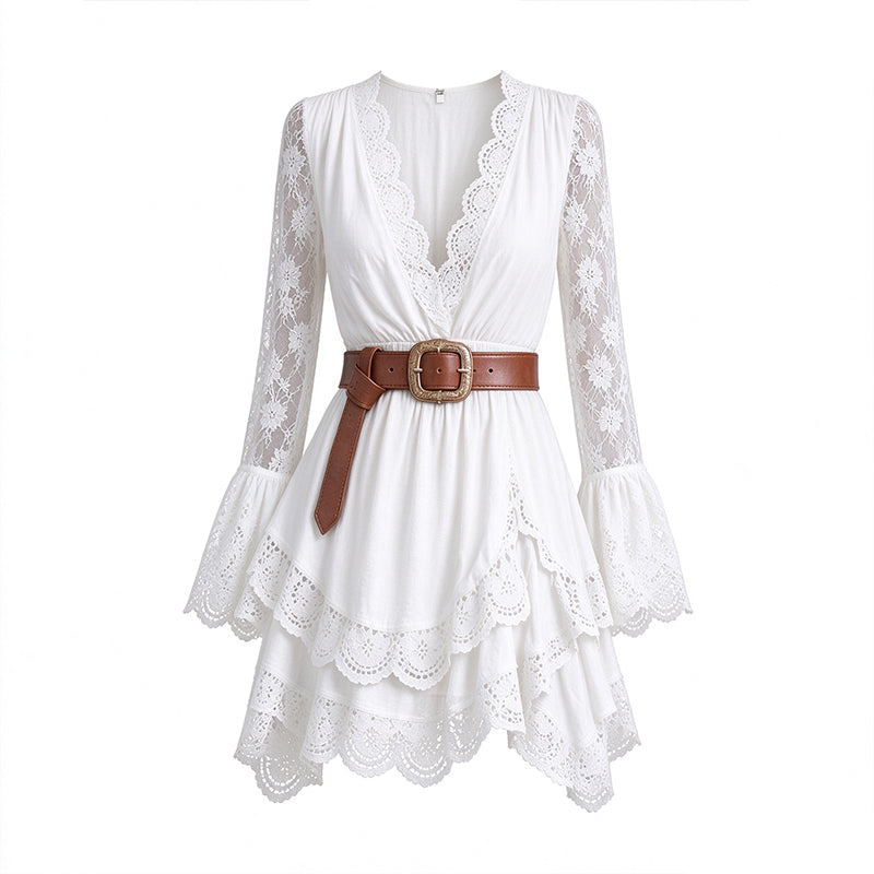 Women's Chic V-Neck Lace Trim Mini Dress