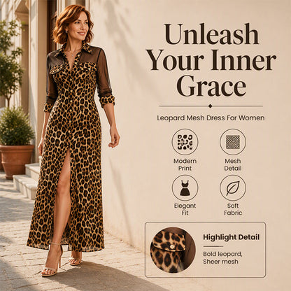 Women's Leopard Print Mesh Patchwork Shirt Dress