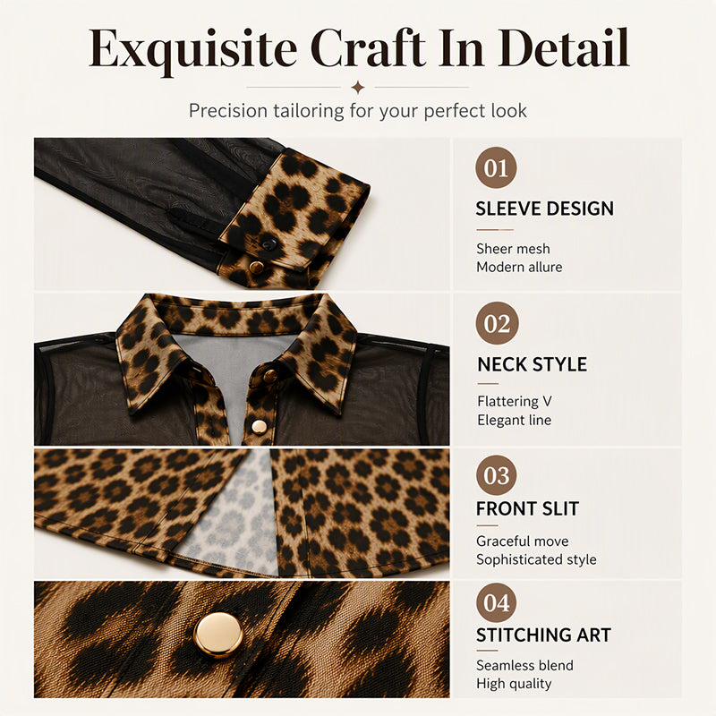 Women's Leopard Print Mesh Patchwork Shirt Dress