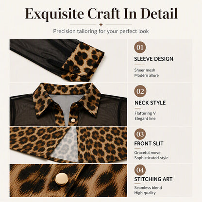Women's Leopard Print Mesh Patchwork Shirt Dress