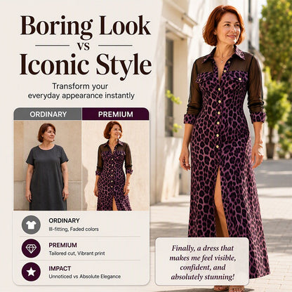 Women's Leopard Print Mesh Patchwork Shirt Dress