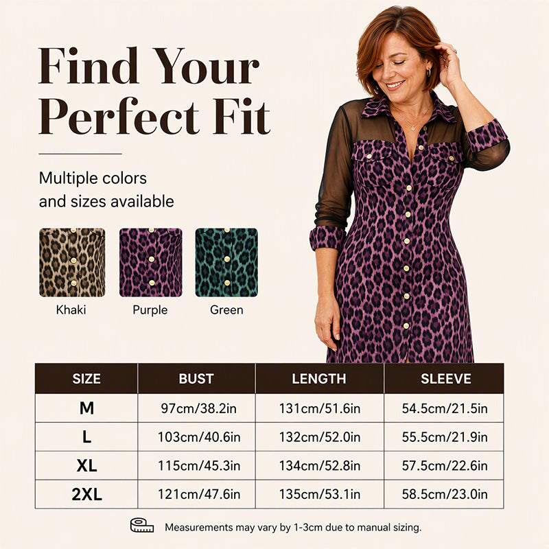 Women's Leopard Print Mesh Patchwork Shirt Dress