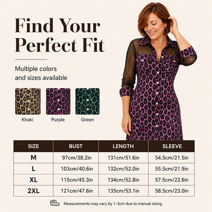 Women's Leopard Print Mesh Patchwork Shirt Dress