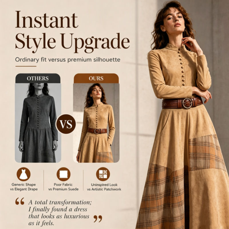 Women's Faux Suede Plaid Patchwork Dress
