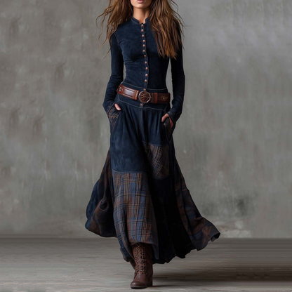 Women's Faux Suede Plaid Patchwork Dress